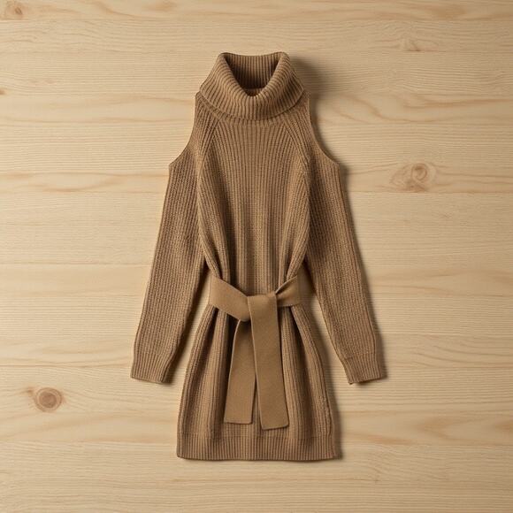 Lulus New Sweet Demeanor Turtleneck Cold-Shoulder Sweater Knit Belted Dress Tan - Picture 12 of 12